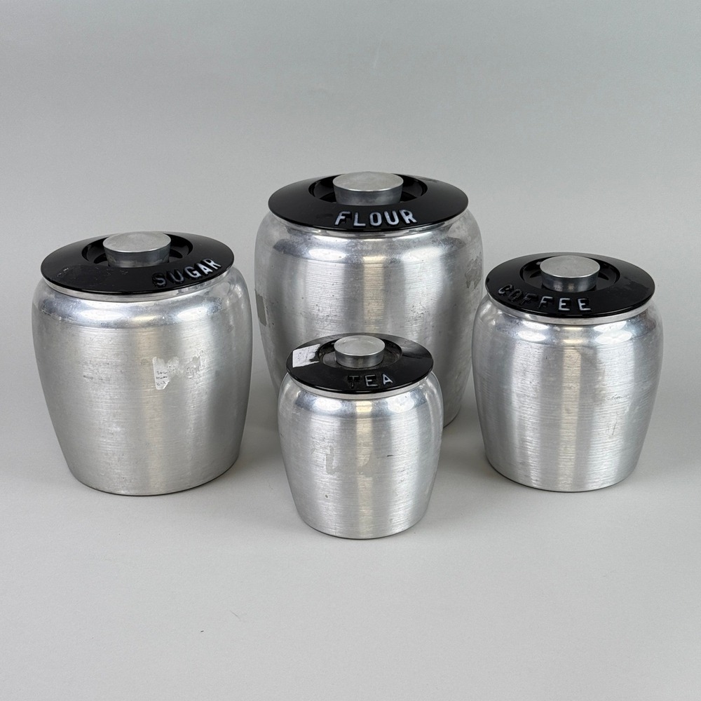 Vintage Kromex Aluminum Canister Set‎ of 4 Flour Sugar Coffee Tea Black Lids